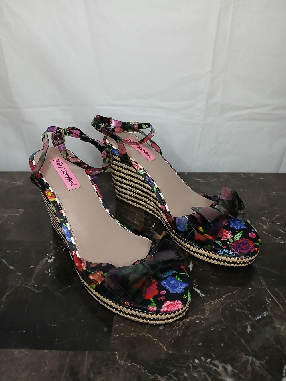 Floral Wedge Sandals with Ankle Strap - Black Floral